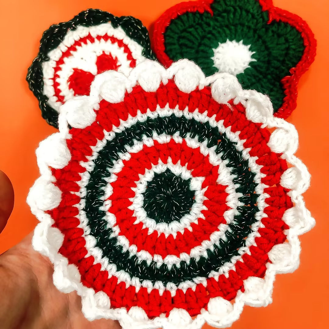 Glow-in-the-Dark Red and Green Cup Coaster Crochet Pattern